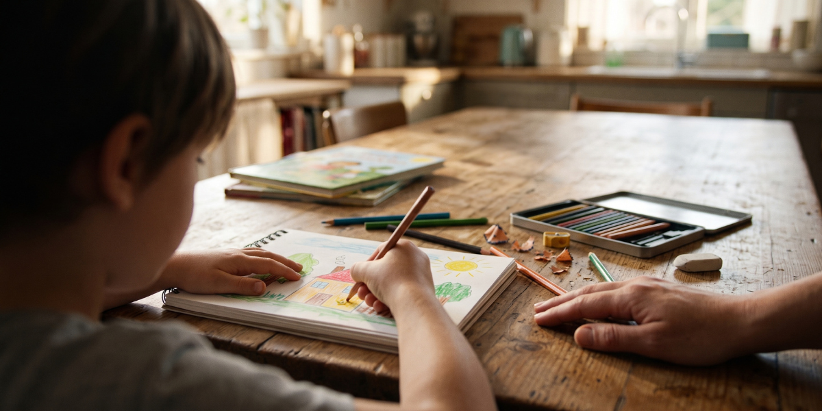 Child's hands drawing with colored pencils in a sketchbook at a wooden table while a parent's hand rests nearby