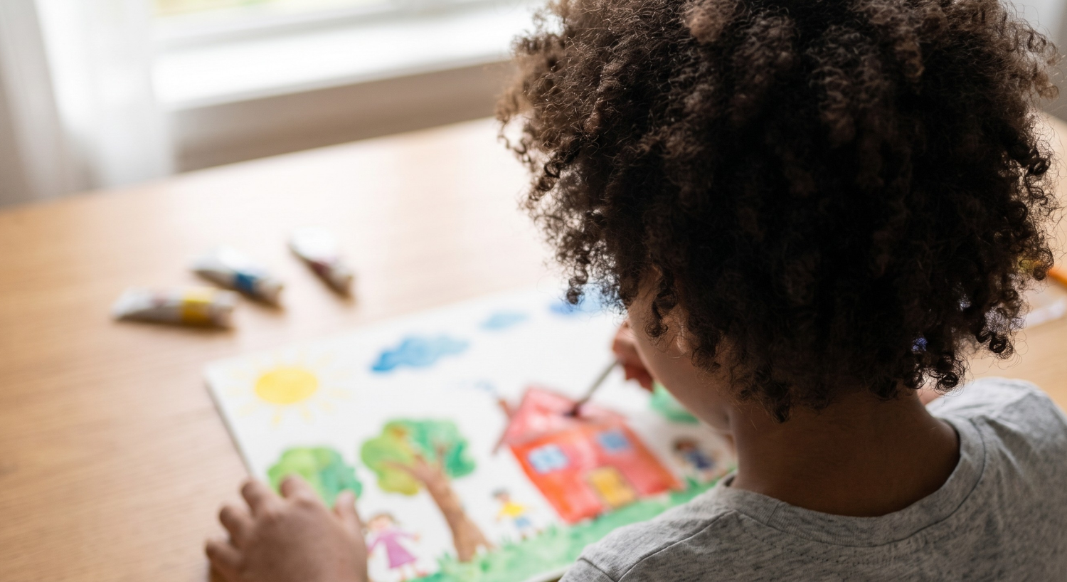 Young child painting a colorful picture of a house at a wooden desk, representing hands-on homeschool art curriculum.