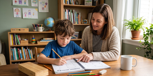 A smiling mother assisting her young son with a primary math workbook at a wooden table in a bright room, illustrating a parent-directed homeschool learning environment often supported by the Florida PEP scholarship.