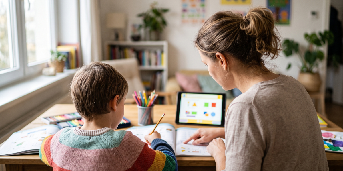 Indiana ESA homeschool lesson with a mom pointing to her son’s workbook as he writes at a table with colored pencils and a tablet