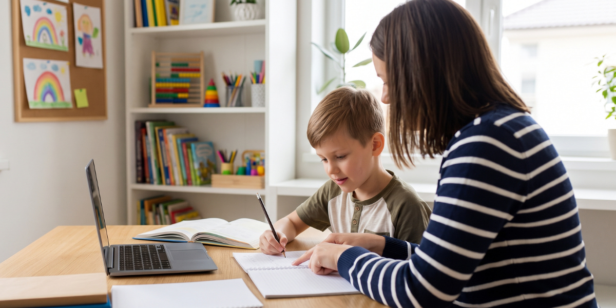 South Carolina ESA homeschool lesson with a mom guiding her son as he writes in a notebook at a desk beside a laptop
